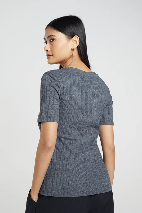Brave Soul Knitted Rib T-Shirt – Charcoal | Women’s Short Sleeve