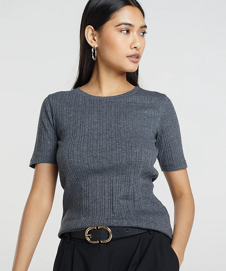 Brave Soul Knitted Rib T-Shirt – Charcoal | Women’s Short Sleeve