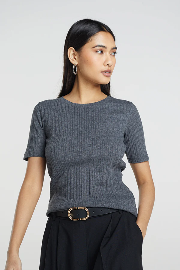 Brave Soul Knitted Rib T-Shirt – Charcoal | Women’s Short Sleeve