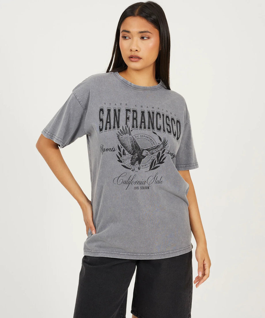 'SAN FRANCISCO' GRAPHIC T-SHIRT, SILVER GREY ACID WASH