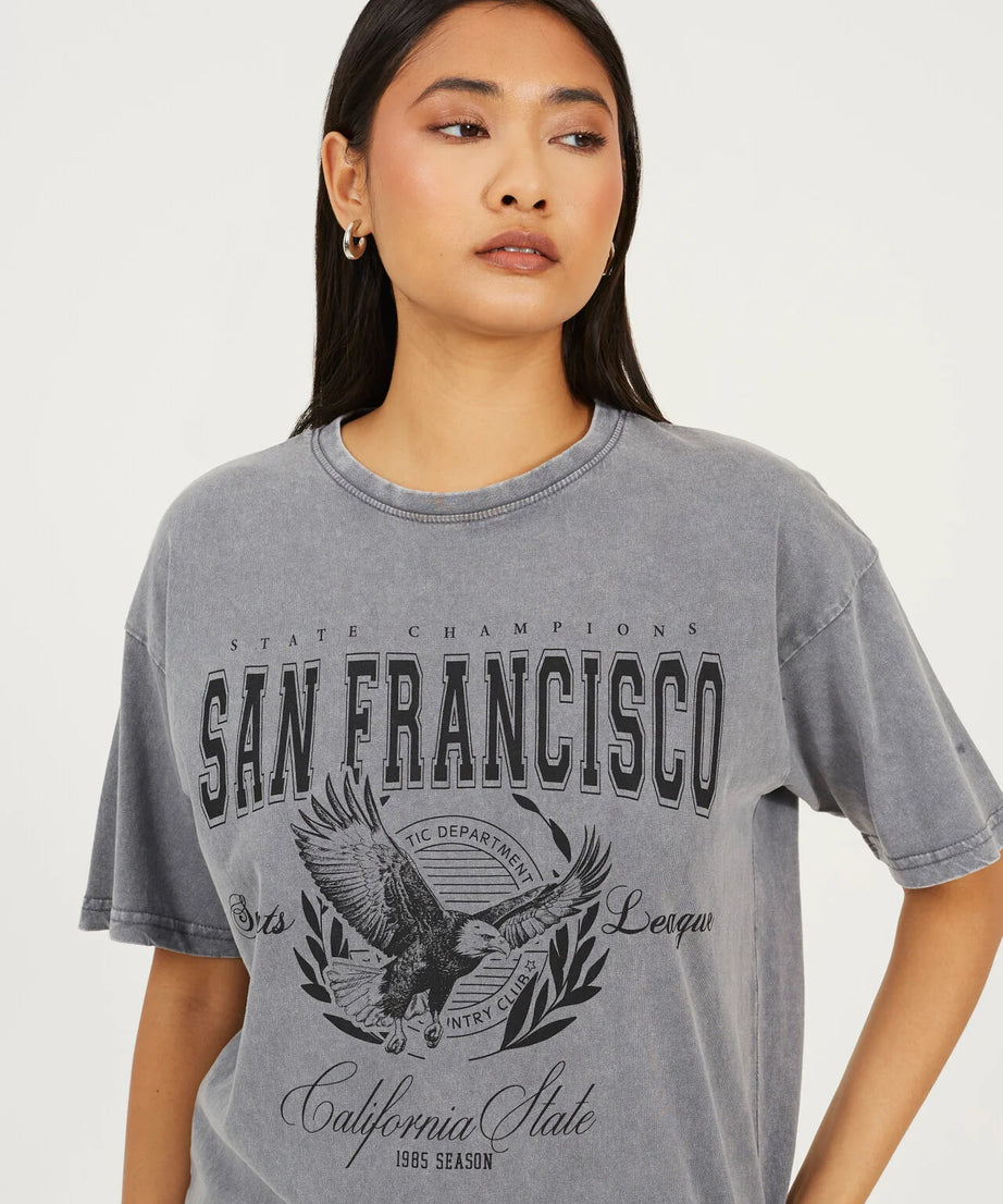 'SAN FRANCISCO' GRAPHIC T-SHIRT, SILVER GREY ACID WASH