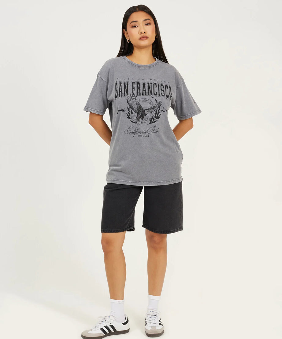 'SAN FRANCISCO' GRAPHIC T-SHIRT, SILVER GREY ACID WASH