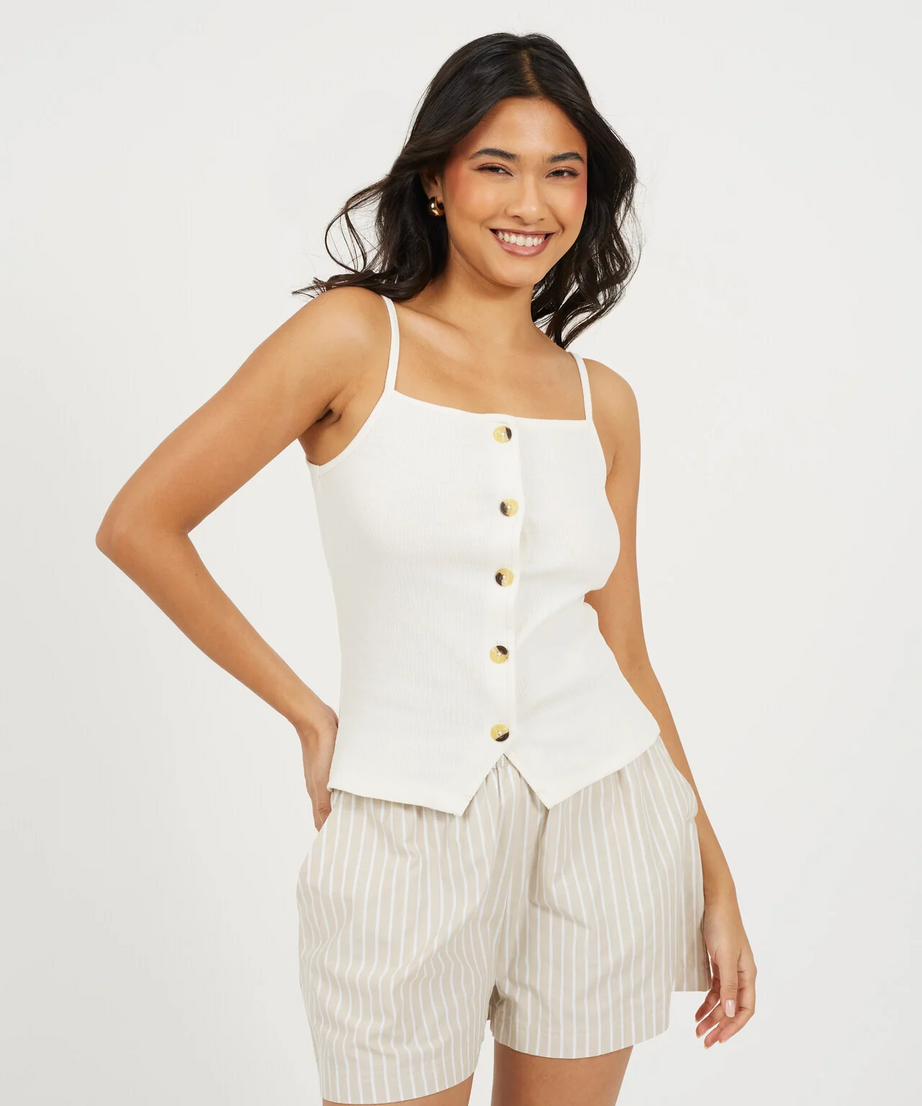 Brave Soul Ribbed Button Down Strappy Vest – Black / Cream