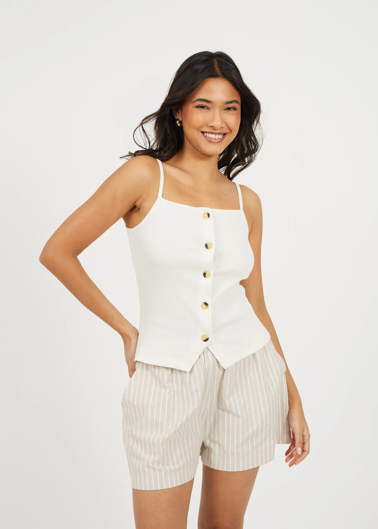 Brave Soul Ribbed Button Down Strappy Vest – Black / Cream