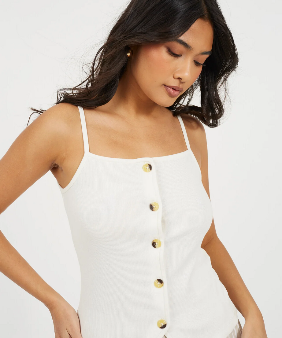 Brave Soul Ribbed Button Down Strappy Vest – Black / Cream