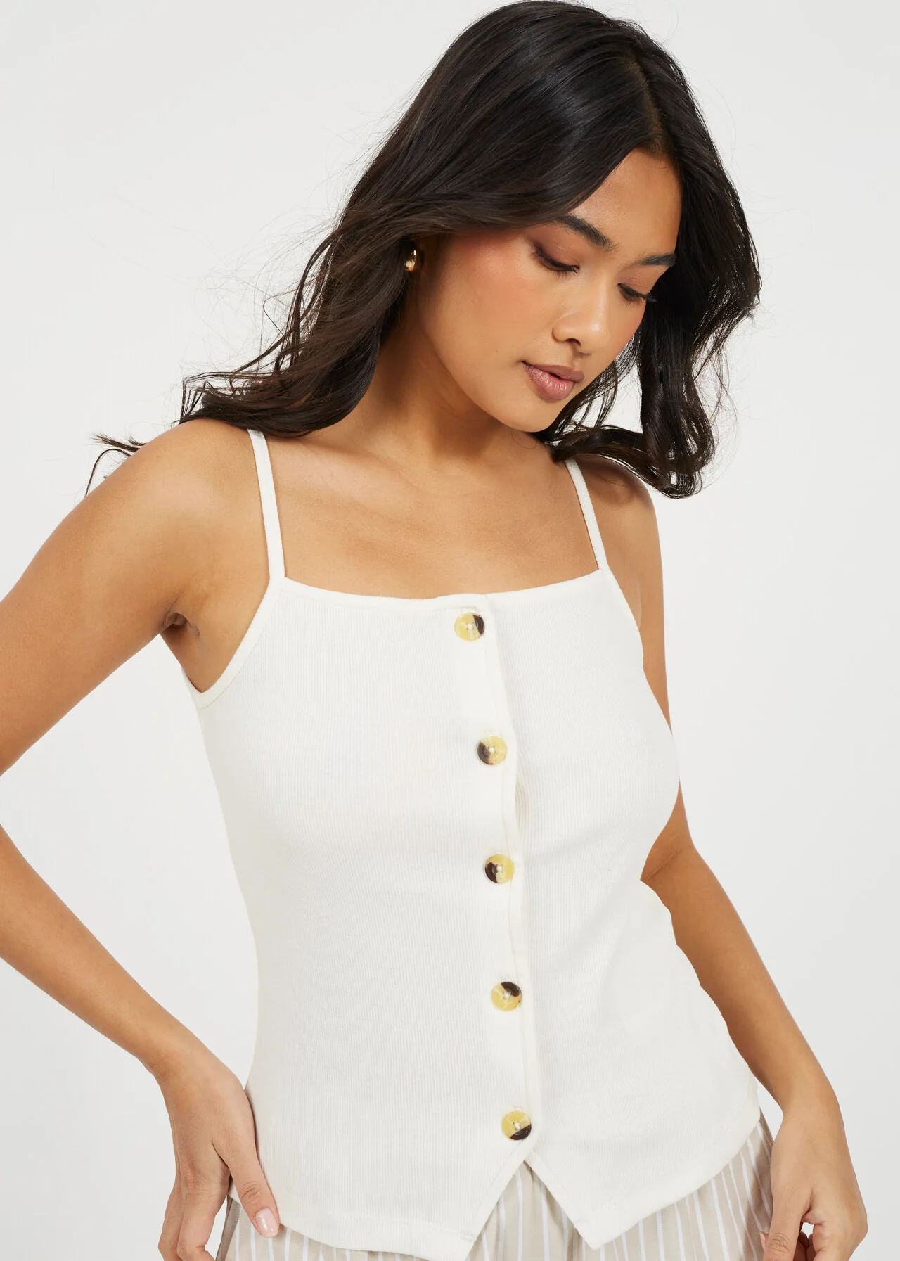 Brave Soul Ribbed Button Down Strappy Vest – Black / Cream