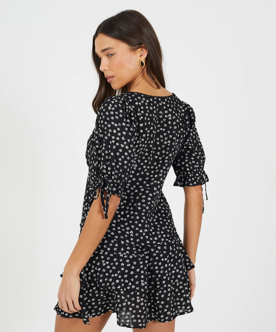 FLORAL TIE DETAIL TOP BLACK