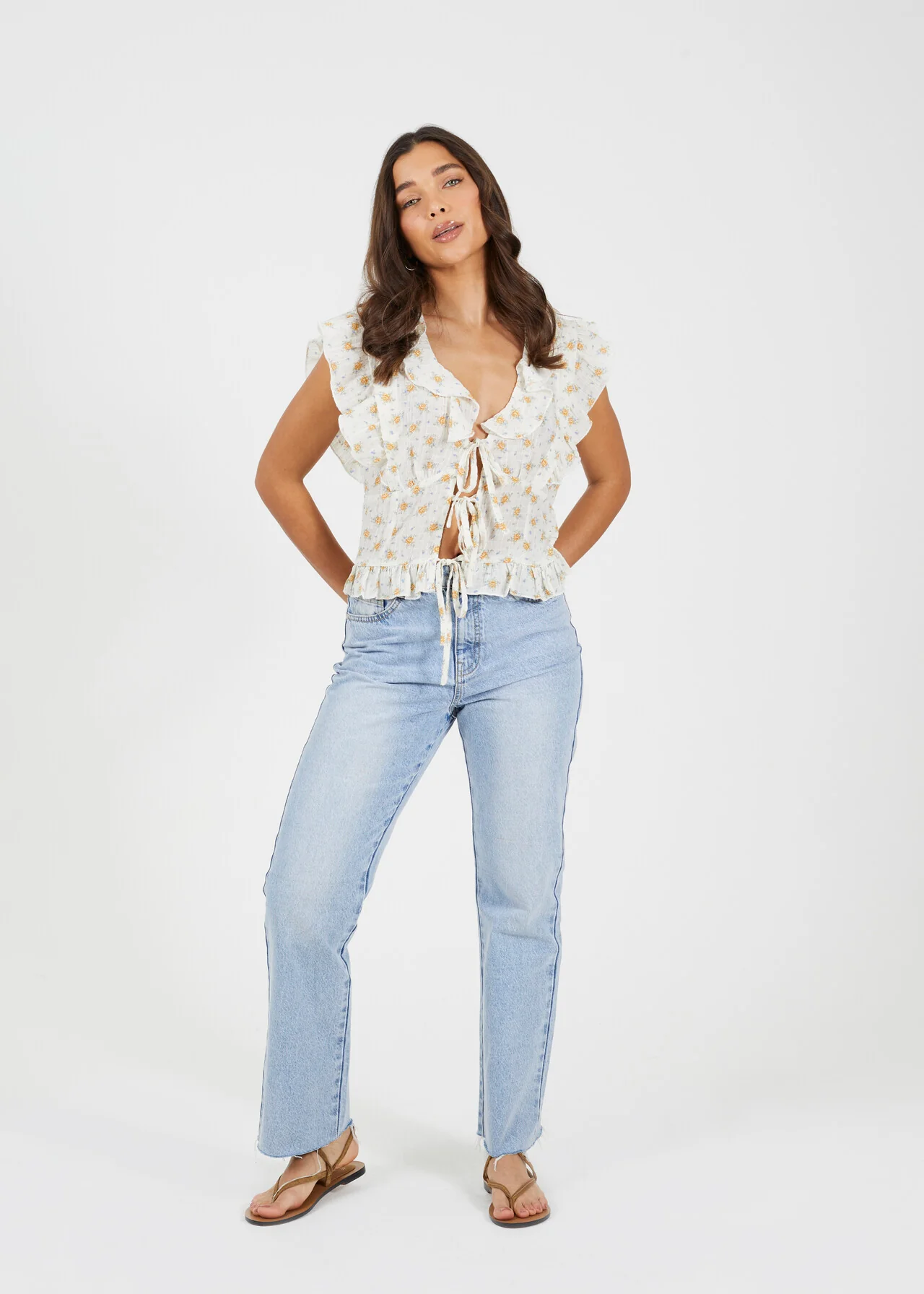 Brave Soul Frill Detail Tie-Up Floral Woven Top – Cream | XS–XL