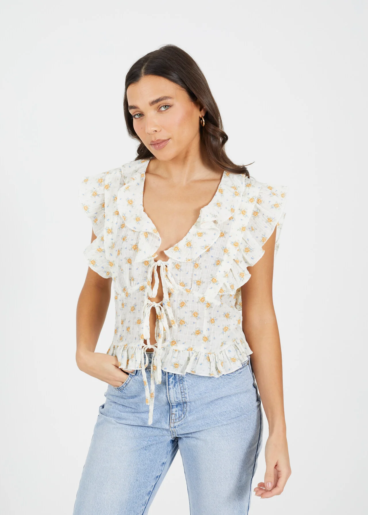 Brave Soul Frill Detail Tie-Up Floral Woven Top – Cream | XS–XL