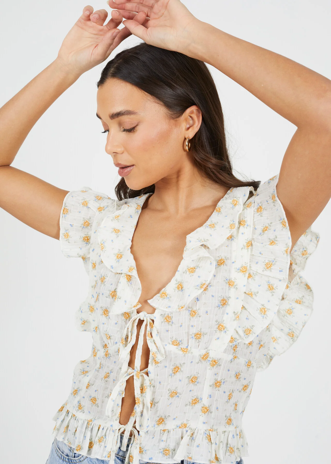 Brave Soul Frill Detail Tie-Up Floral Woven Top – Cream | XS–XL
