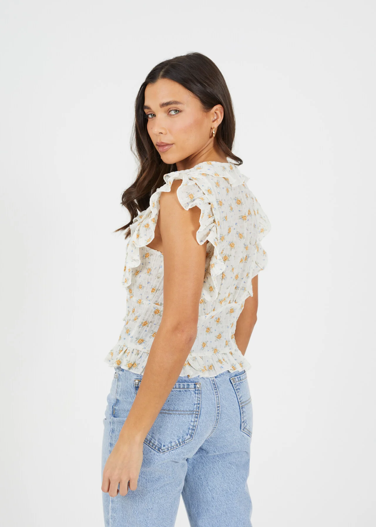 Brave Soul Frill Detail Tie-Up Floral Woven Top – Cream | XS–XL