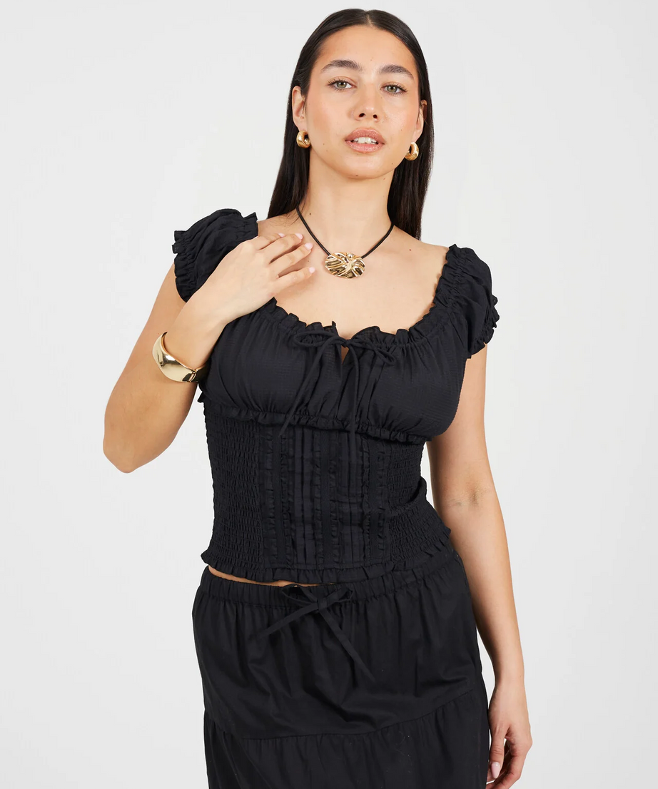 Brave Soul Milkmaid Gathered Panel Top – Black Woven Blouse