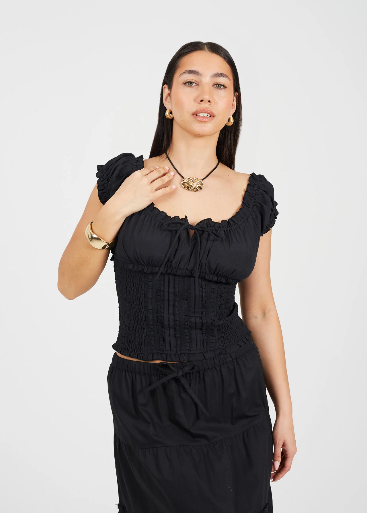Brave Soul Milkmaid Gathered Panel Top – Black Woven Blouse
