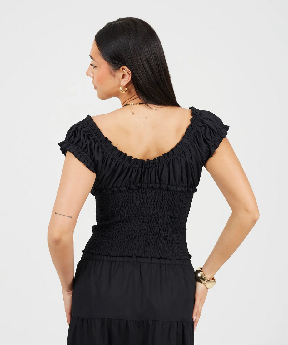 Brave Soul Milkmaid Gathered Panel Top – Black Woven Blouse
