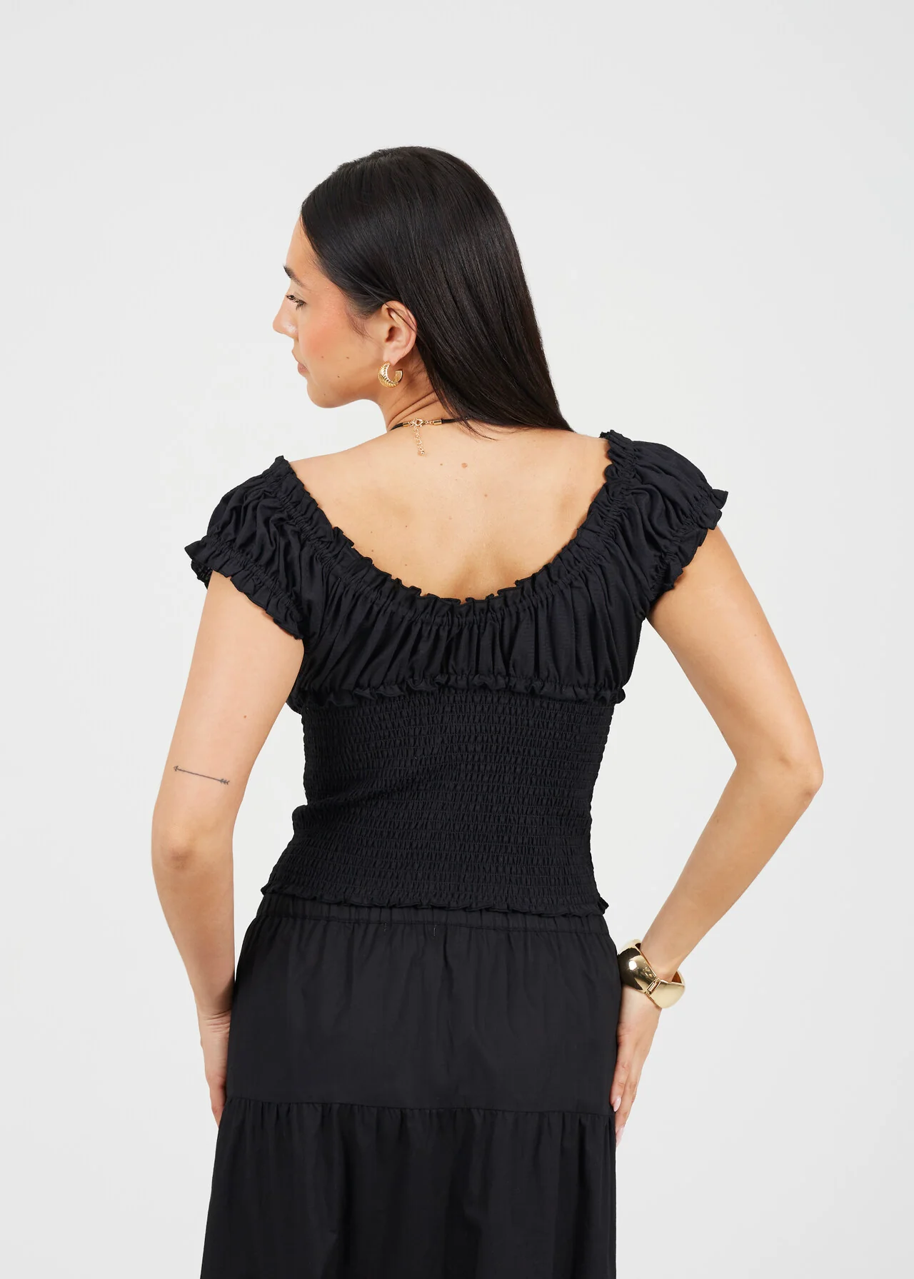 Brave Soul Milkmaid Gathered Panel Top – Black Woven Blouse