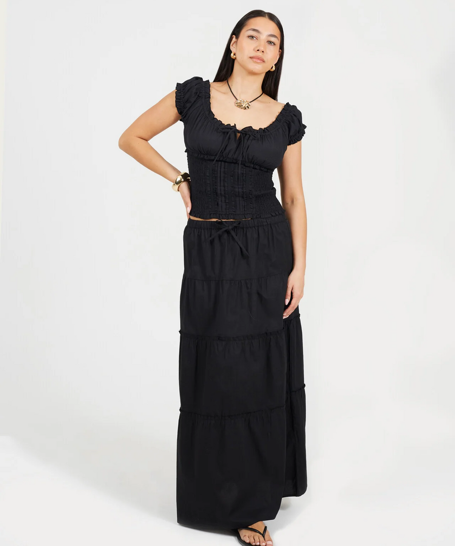 Brave Soul Milkmaid Gathered Panel Top – Black Woven Blouse