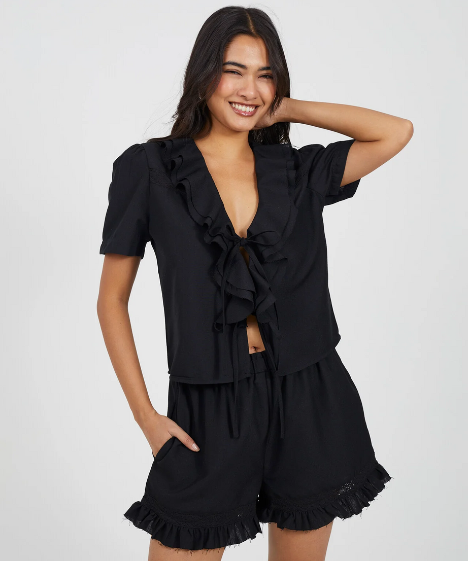 Brave Soul Tie-Front Frill Neck Woven Top – Black Short Sleeve