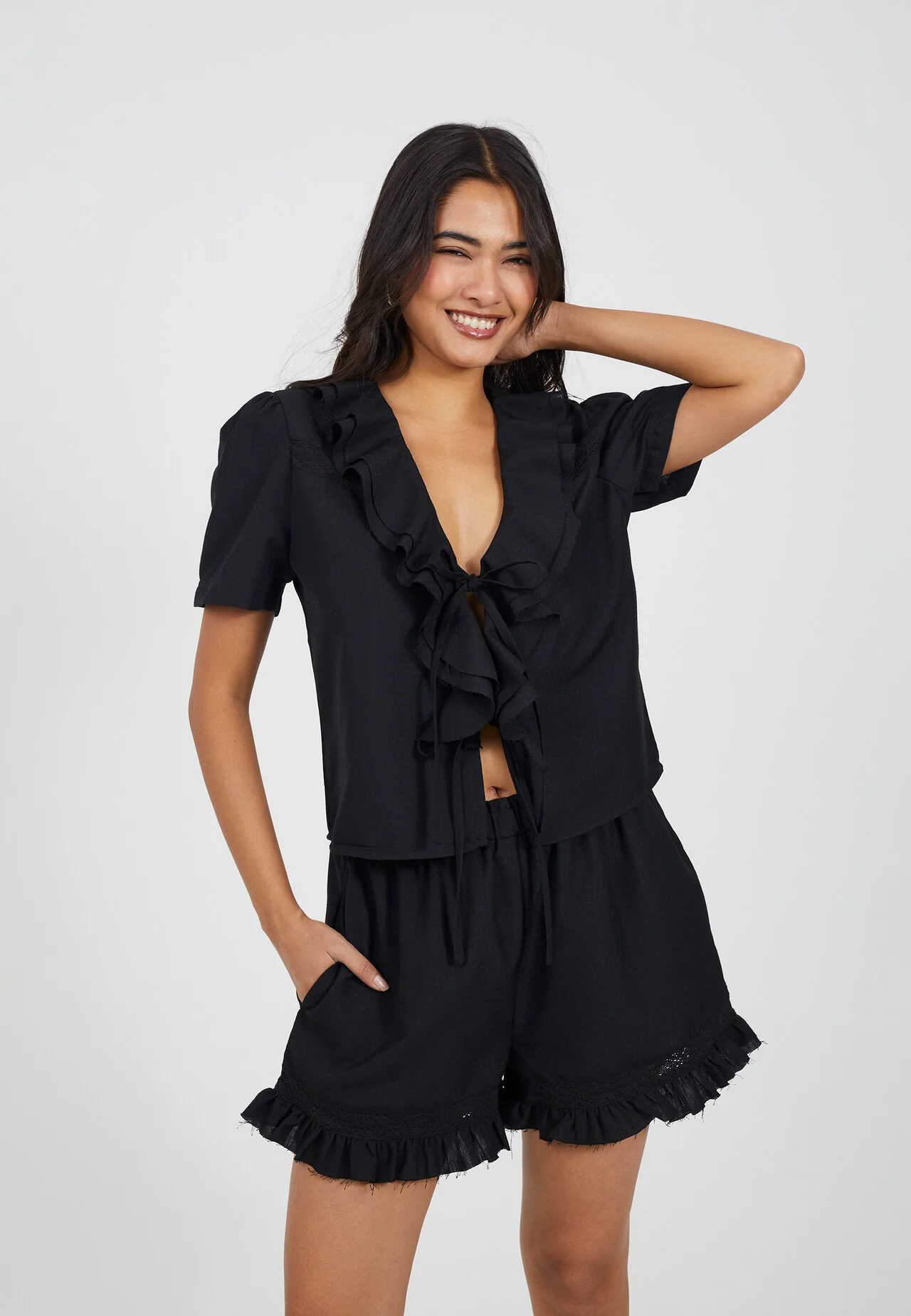 Brave Soul Tie-Front Frill Neck Woven Top – Black Short Sleeve