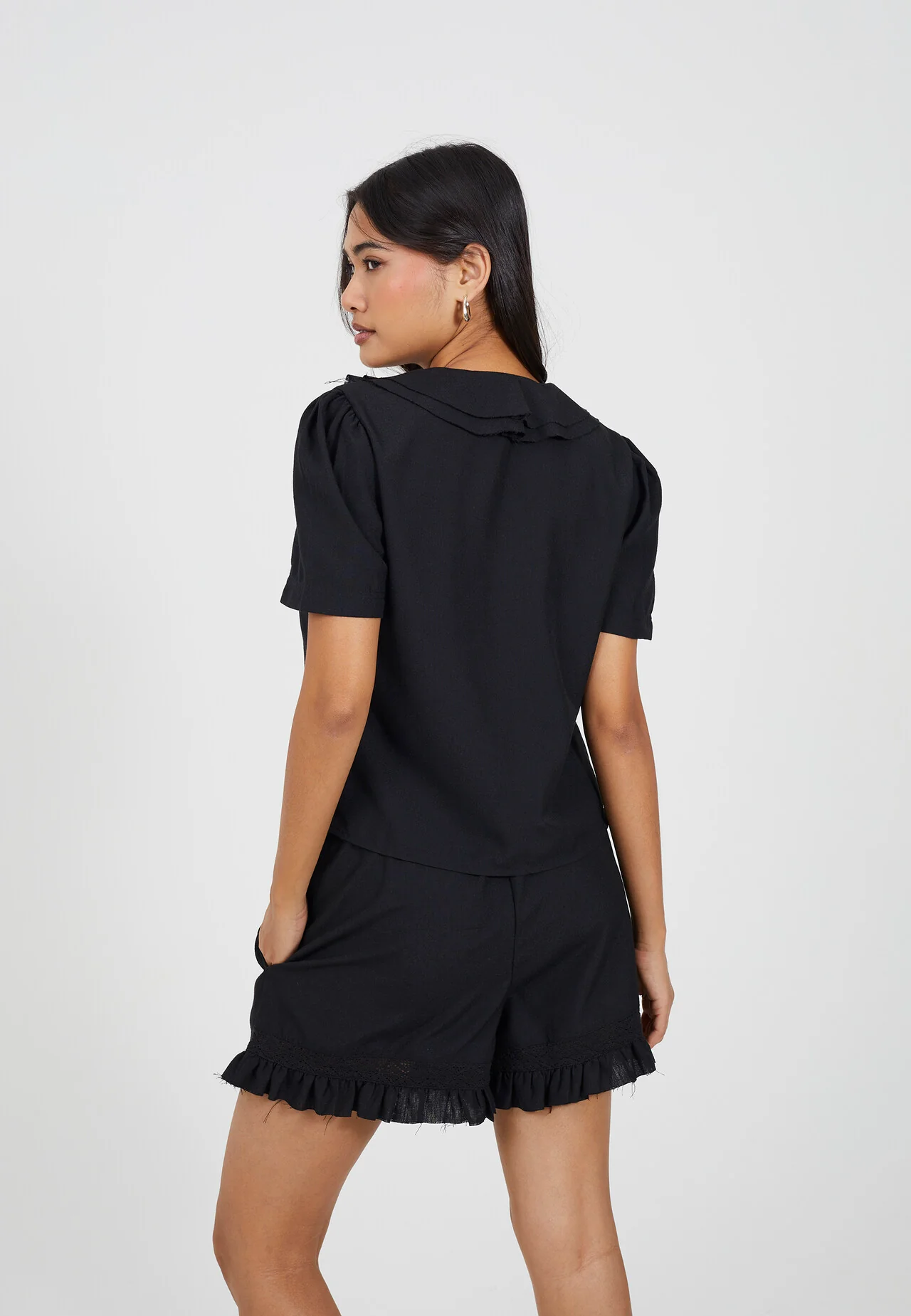 Brave Soul Tie-Front Frill Neck Woven Top – Black Short Sleeve
