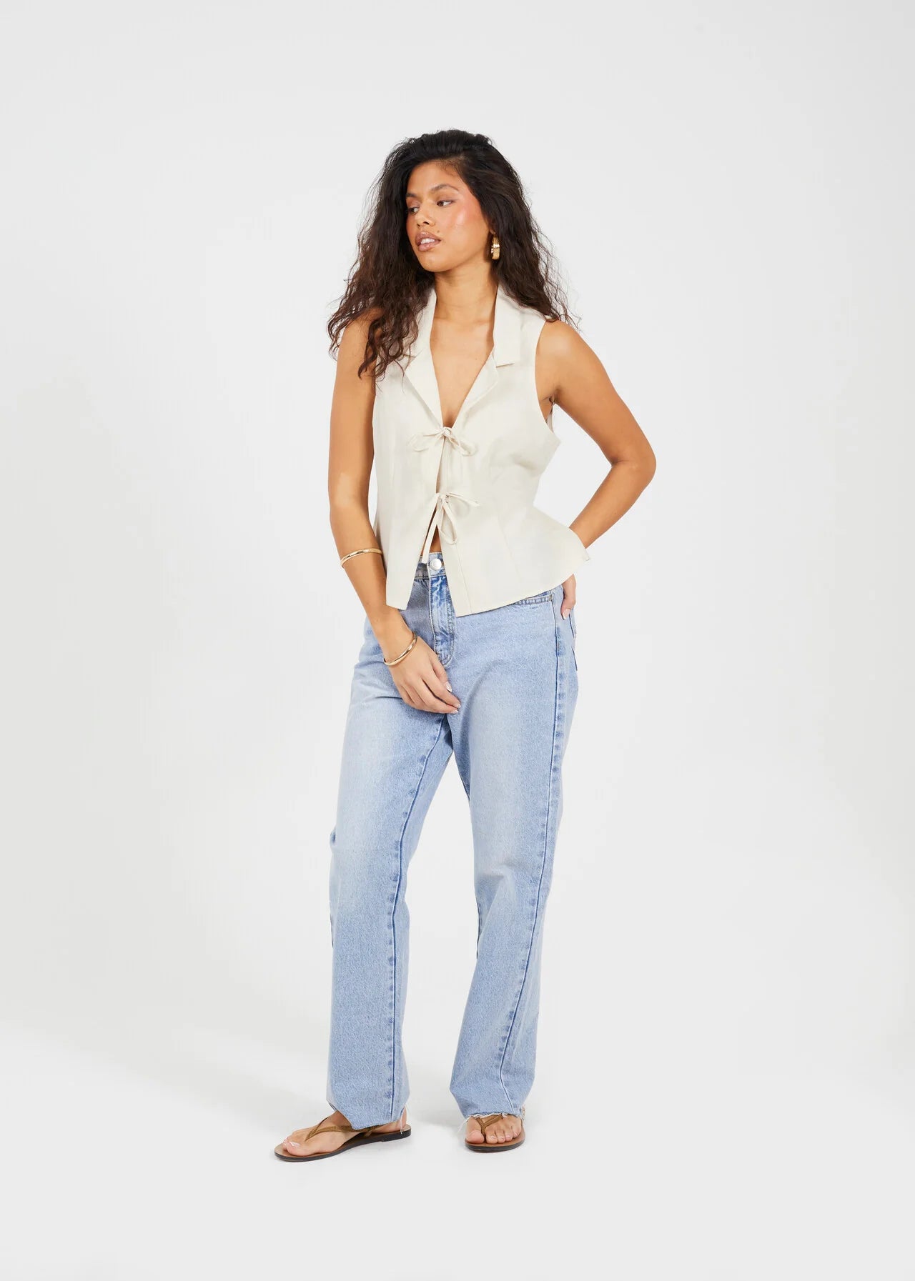 WOVEN COLLARED TIE FRONT VEST, ECRU