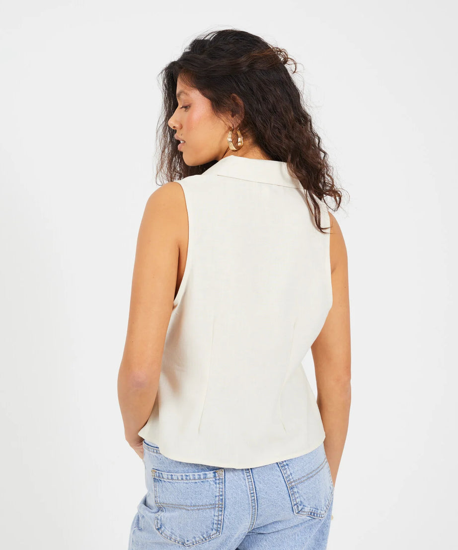 WOVEN COLLARED TIE FRONT VEST, ECRU