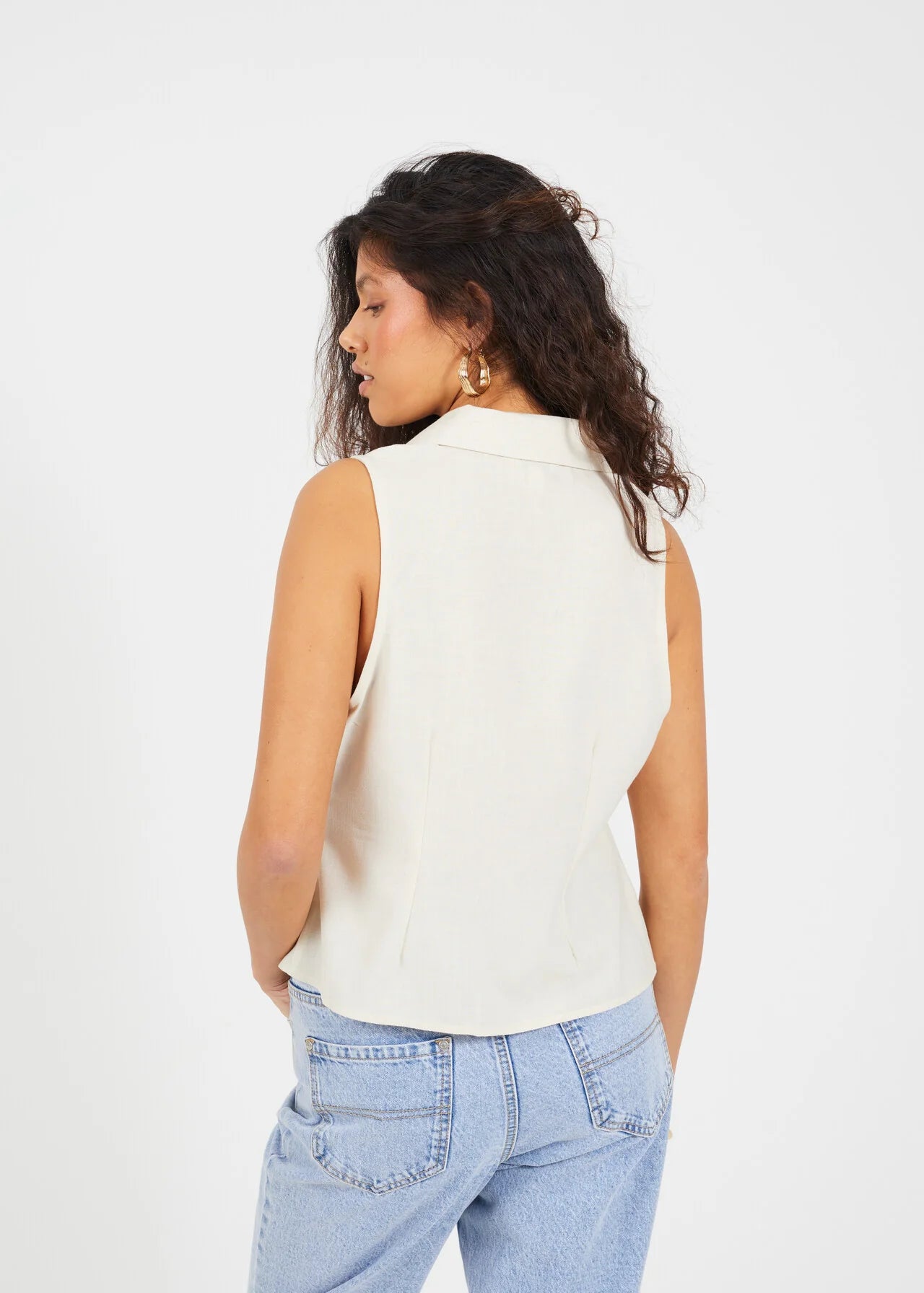 WOVEN COLLARED TIE FRONT VEST, ECRU