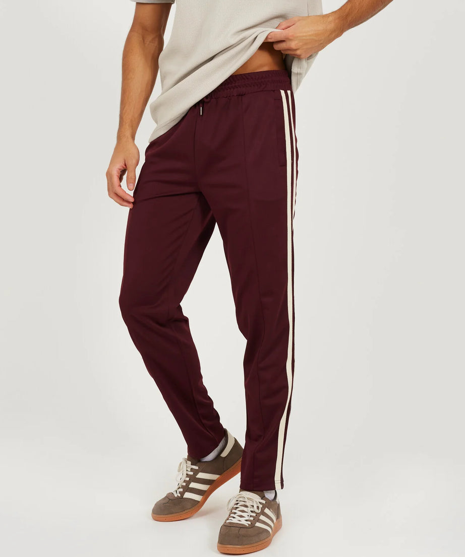 CONTRAST SIDE STRIPE WIDE LEG JOGGERS, BURGUNDY