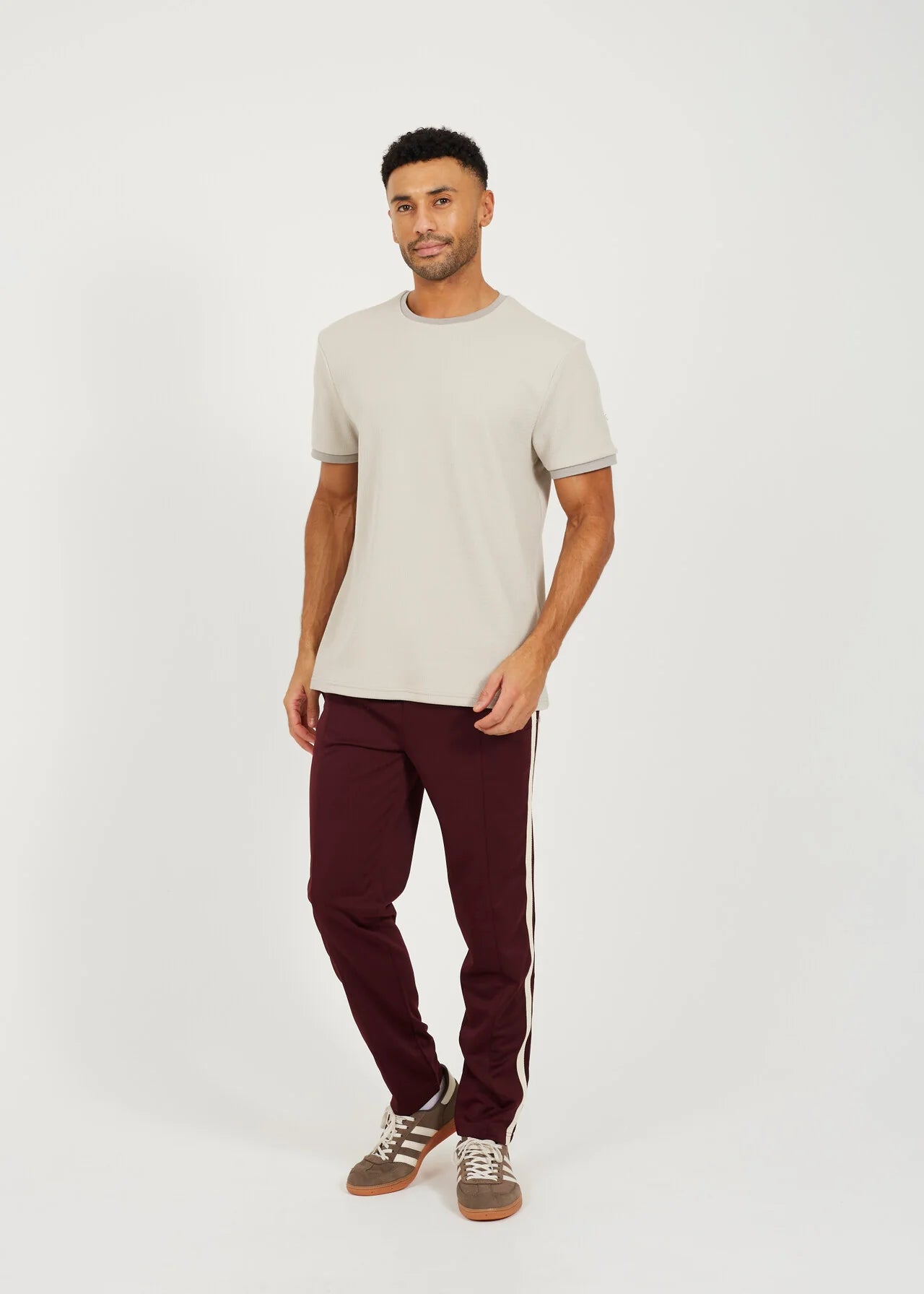 CONTRAST SIDE STRIPE WIDE LEG JOGGERS, BURGUNDY