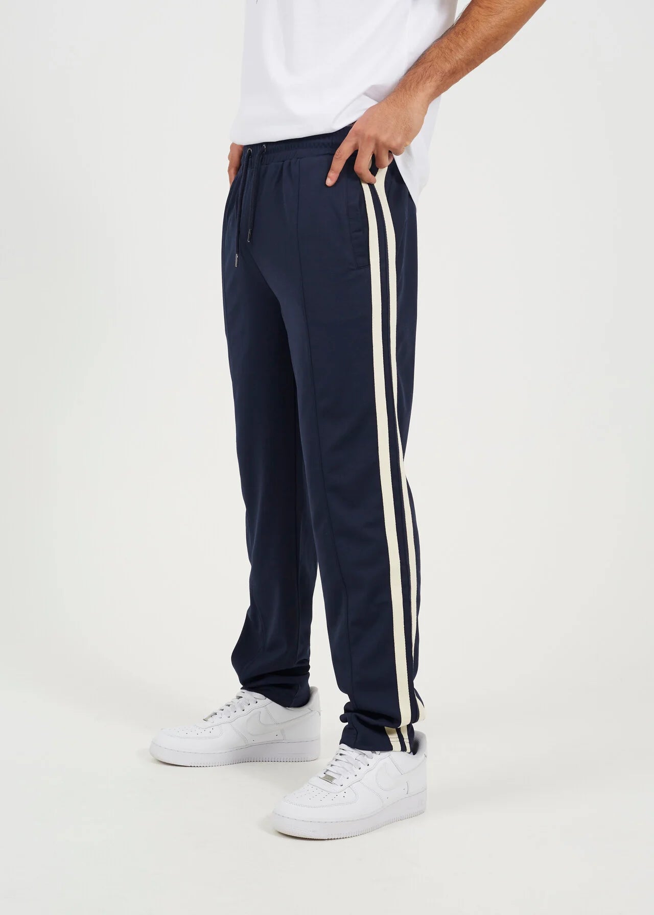 CONTRAST SIDE STRIPE WIDE LEG JOGGERS, NAVY