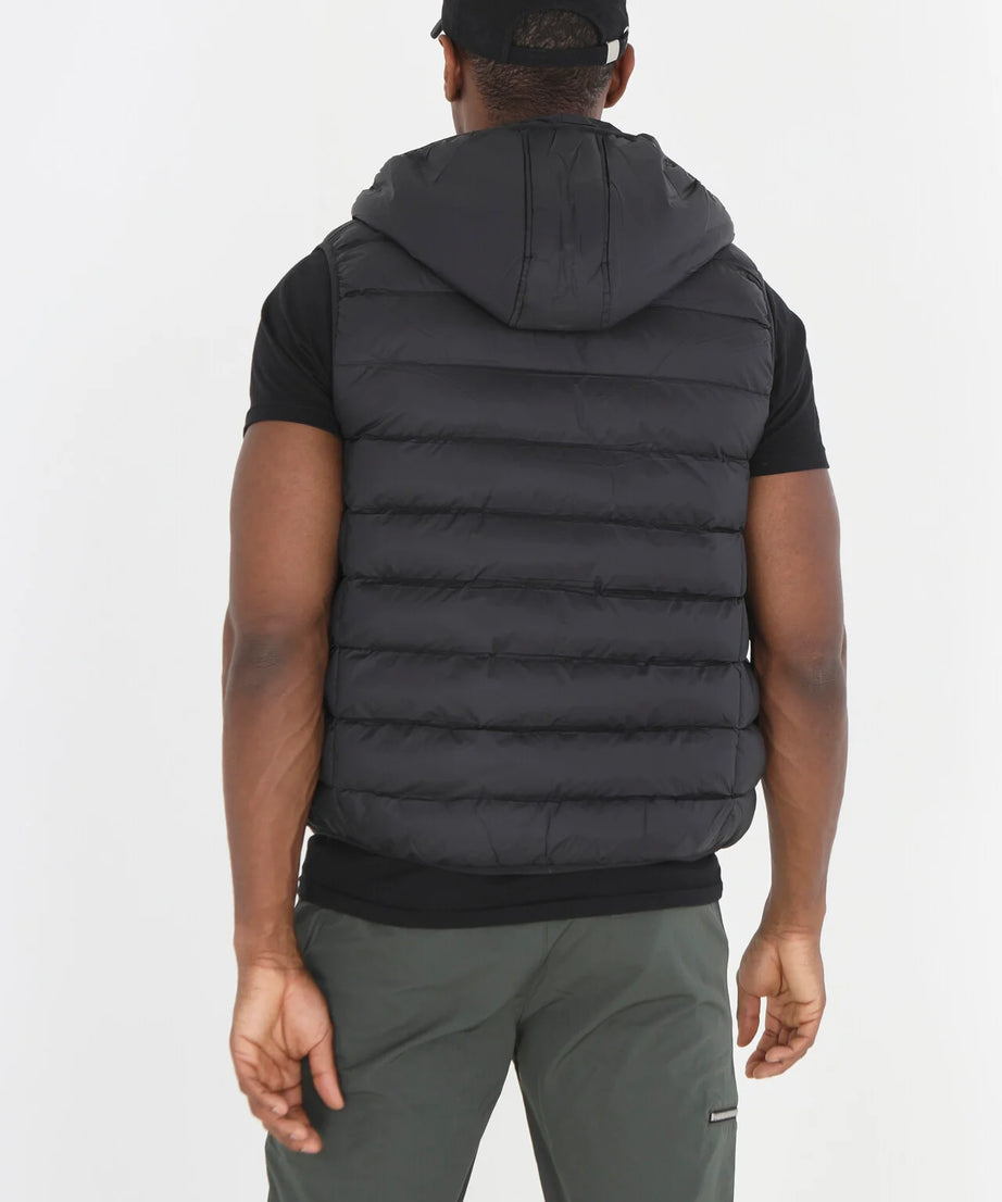 BLACK HOODED ZIP THROUGH CHEVRON QUILTED GILET