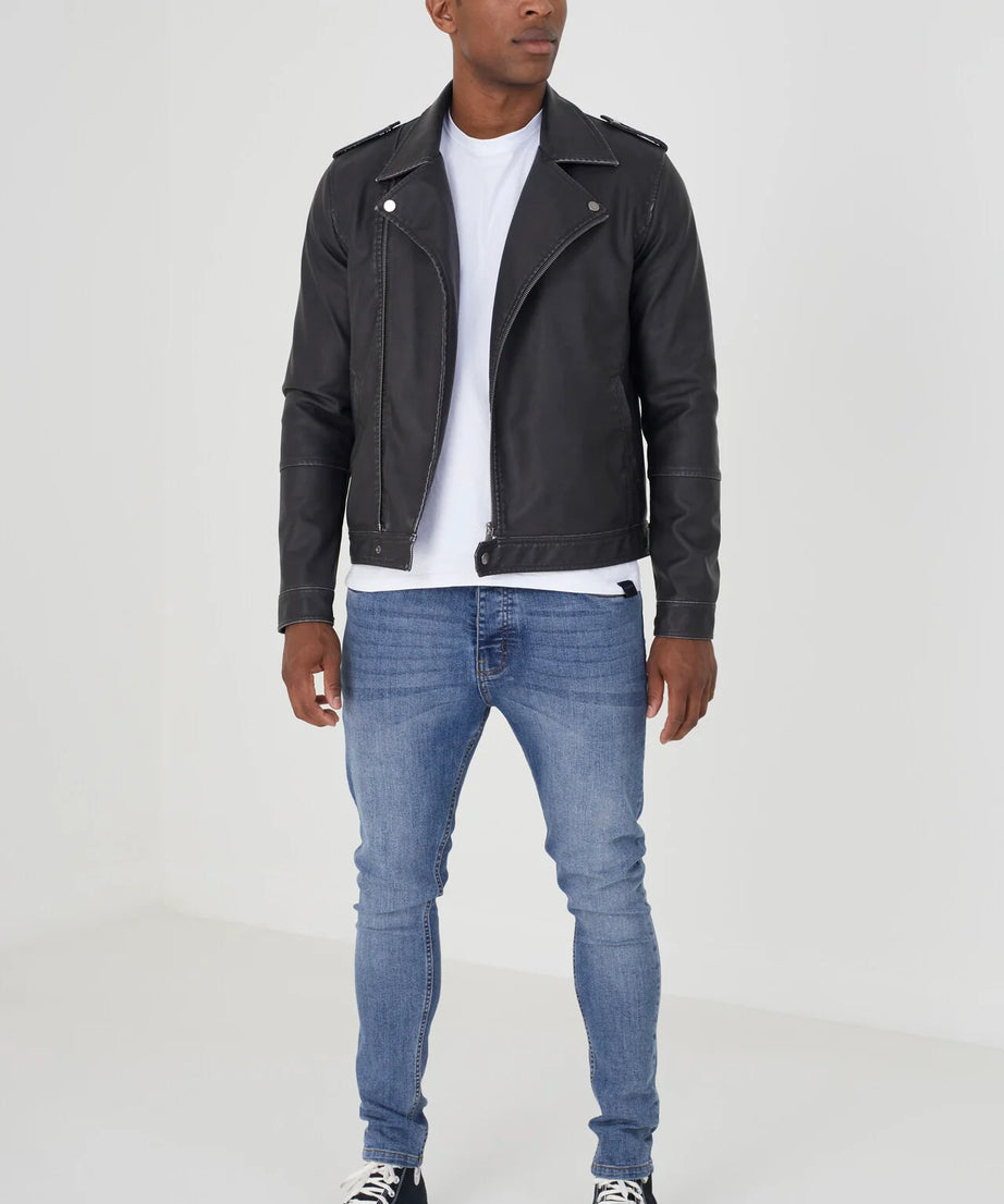 BLACK FAUX LEATHER BIKER JACKET