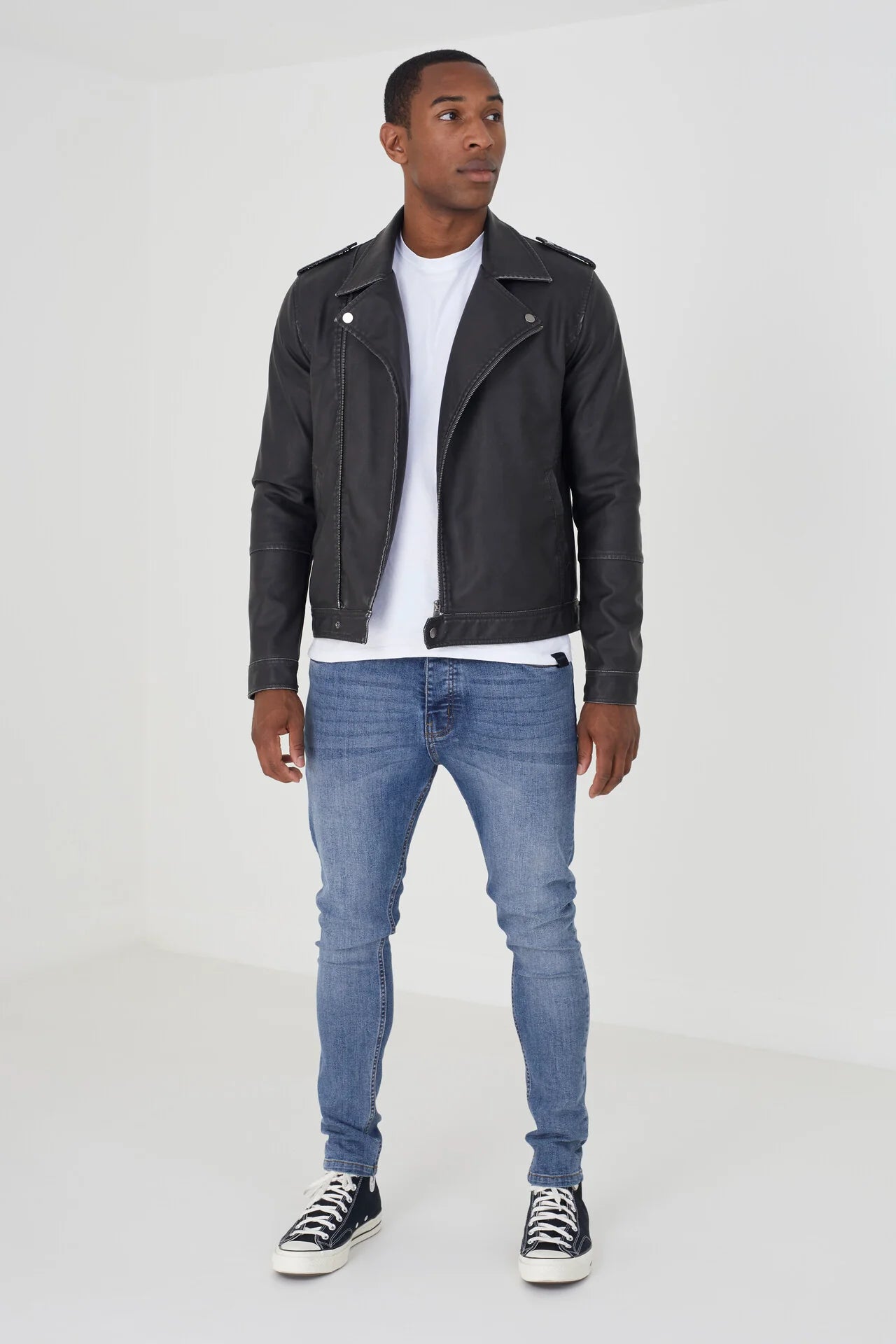 BLACK FAUX LEATHER BIKER JACKET