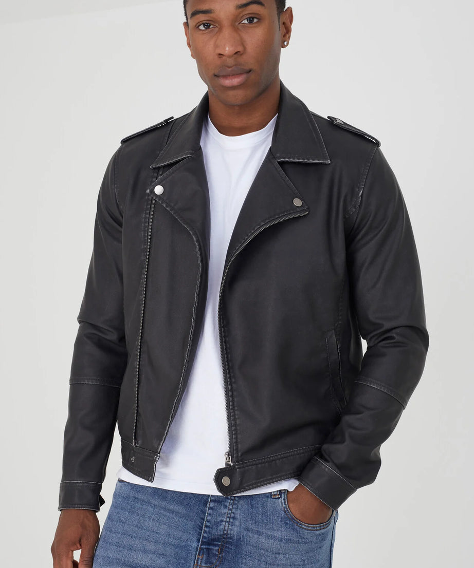BLACK FAUX LEATHER BIKER JACKET