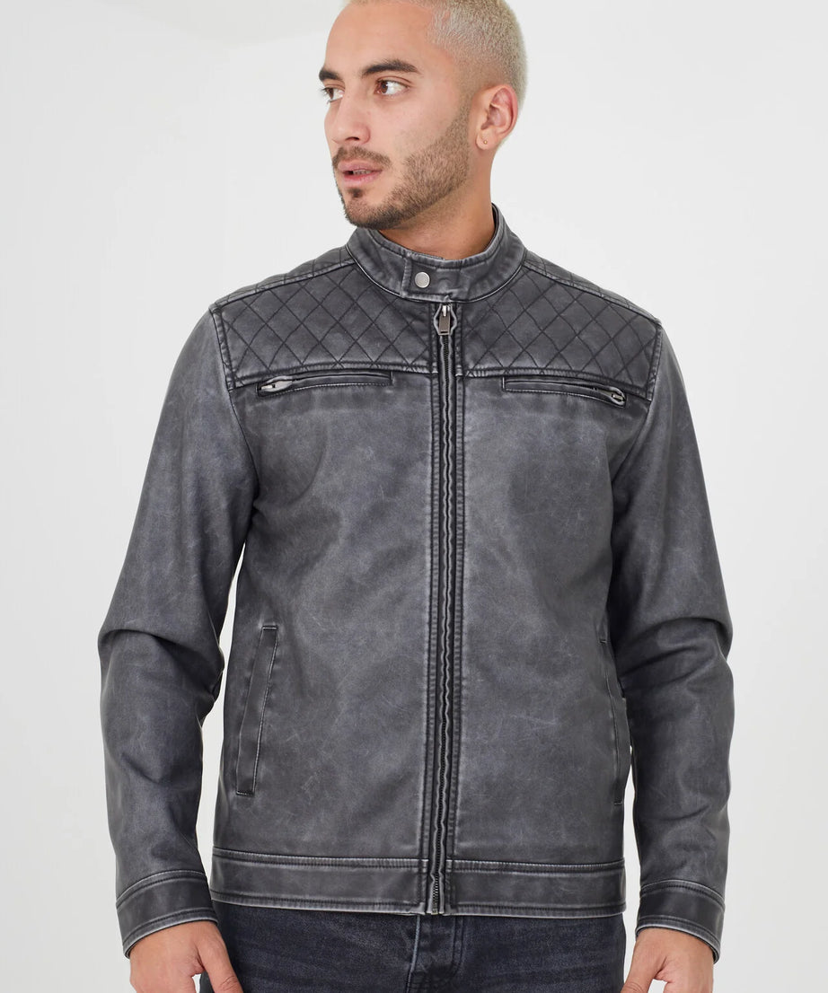 VINTAGE WASH PU BIKER JACKET WITH DIAMOND QUILTING