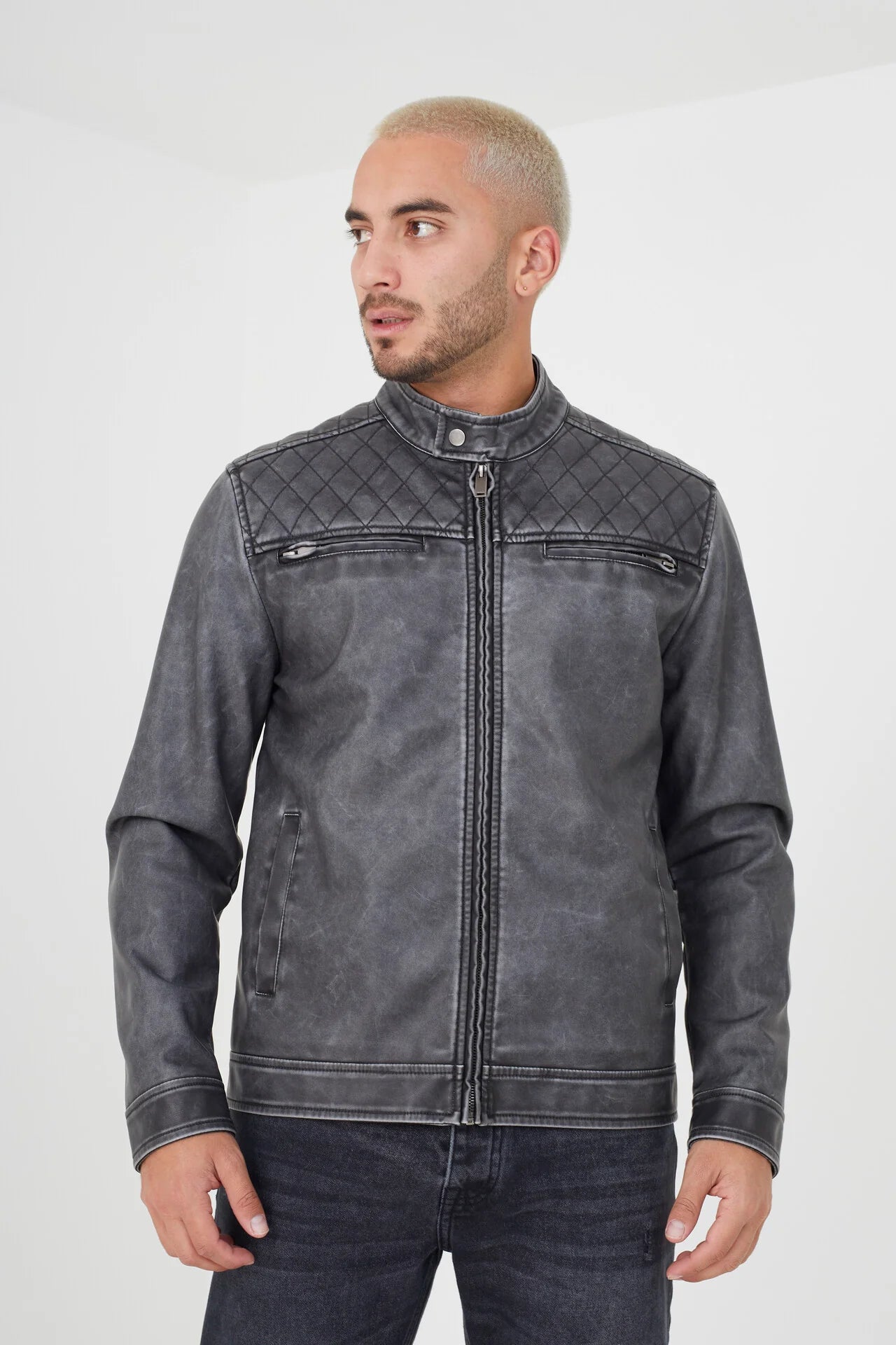 VINTAGE WASH PU BIKER JACKET WITH DIAMOND QUILTING