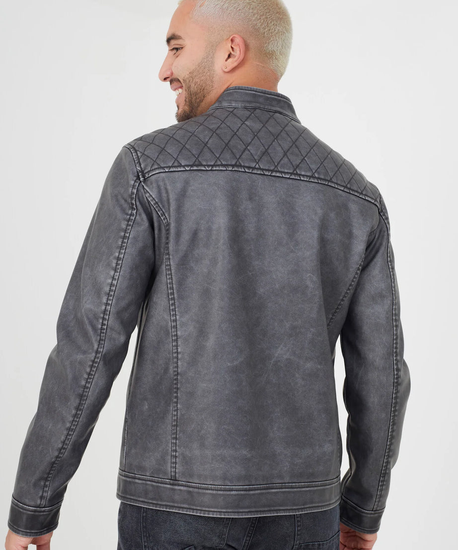 VINTAGE WASH PU BIKER JACKET WITH DIAMOND QUILTING