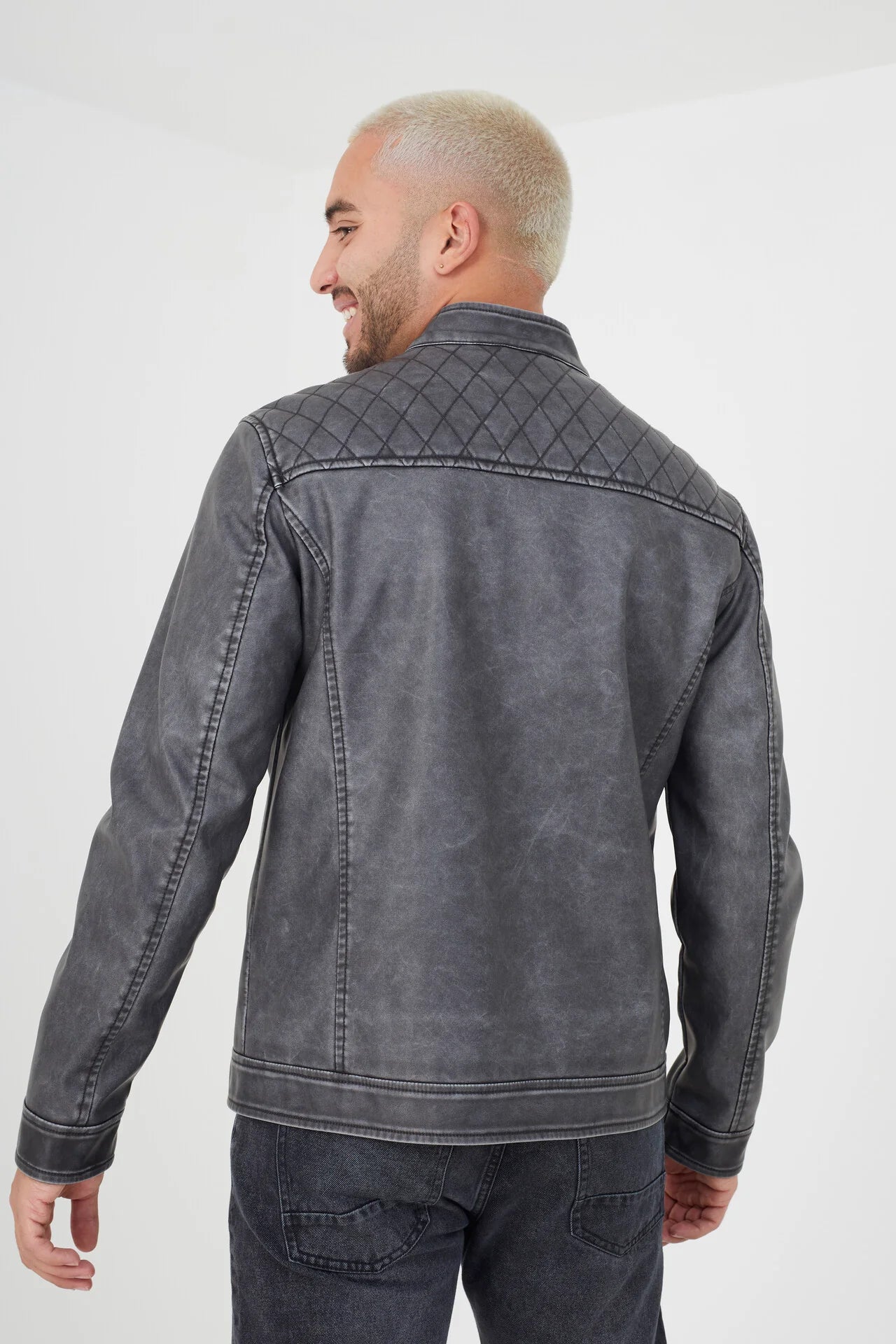 VINTAGE WASH PU BIKER JACKET WITH DIAMOND QUILTING