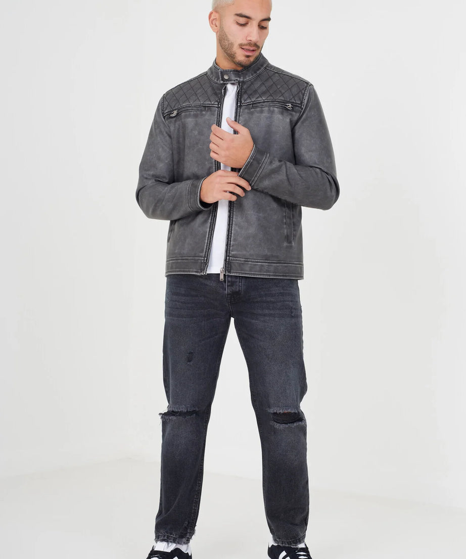VINTAGE WASH PU BIKER JACKET WITH DIAMOND QUILTING