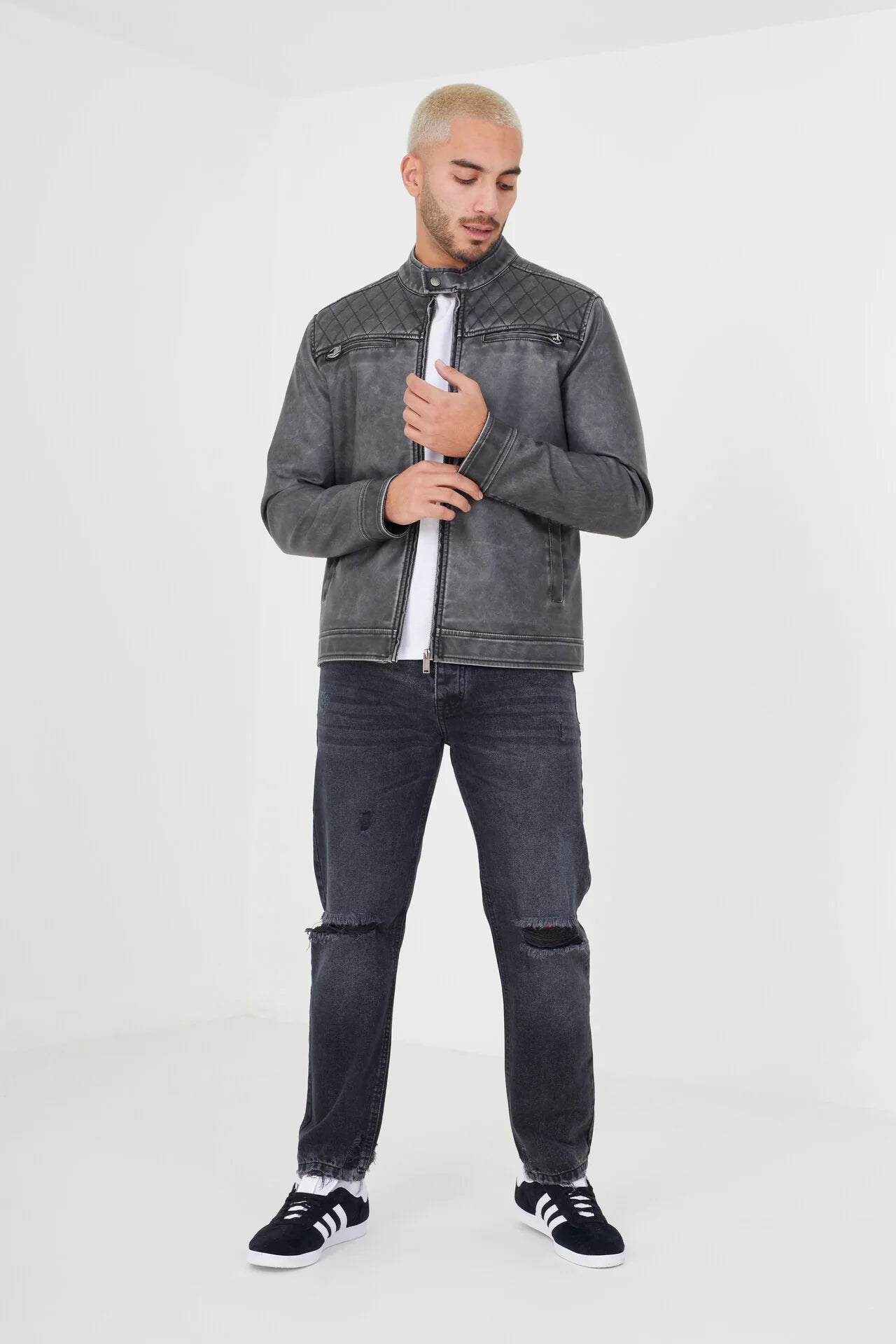 VINTAGE WASH PU BIKER JACKET WITH DIAMOND QUILTING