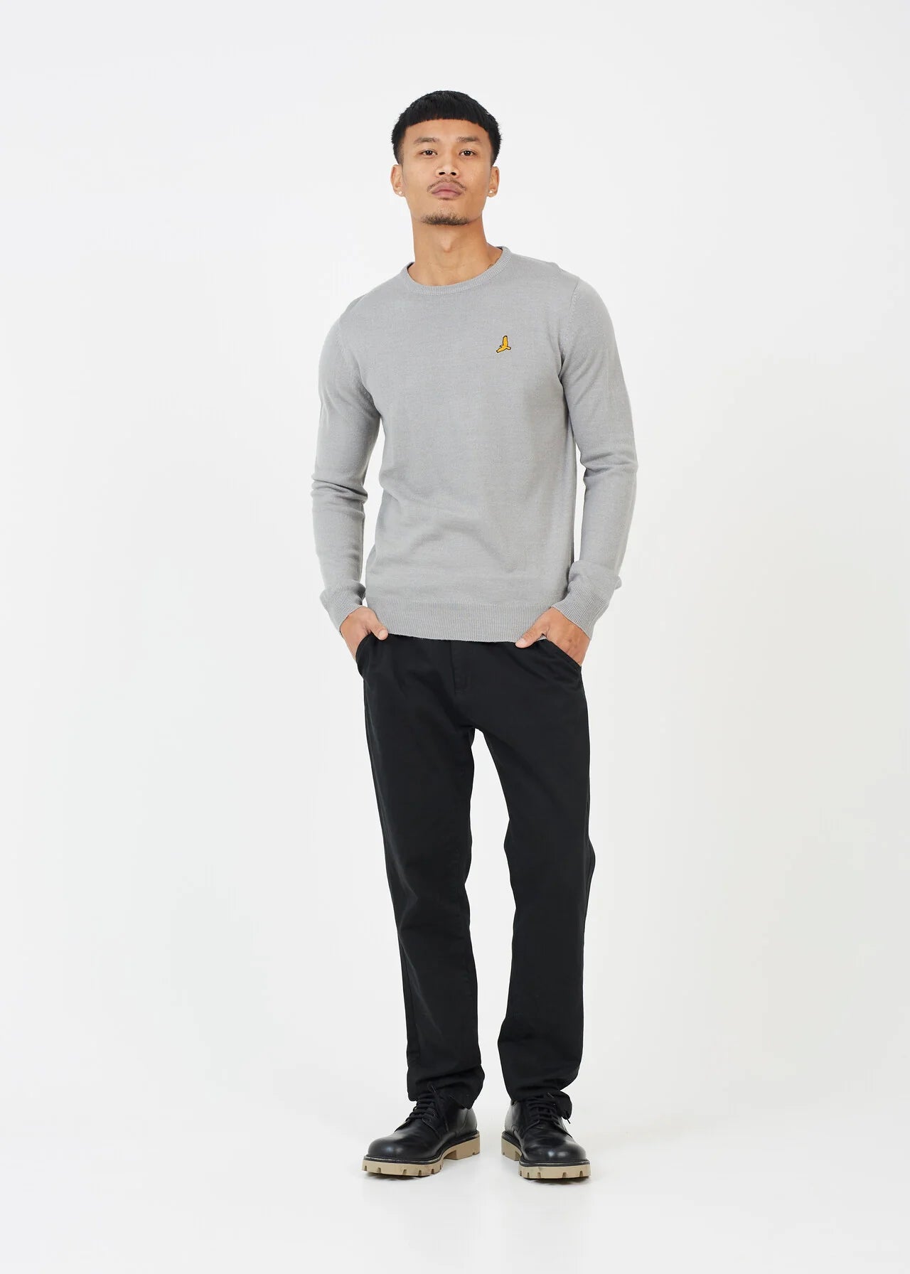 SILVER GREY MARL JUMPER WITH CHEST BADGE DETAIL