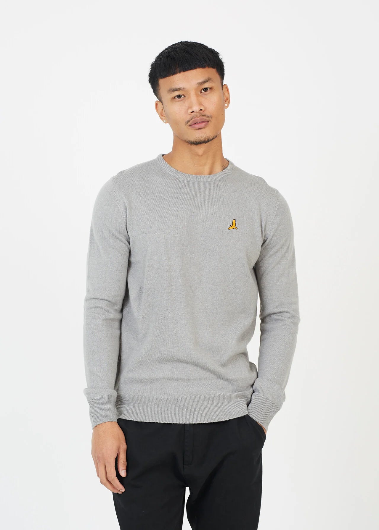SILVER GREY MARL JUMPER WITH CHEST BADGE DETAIL