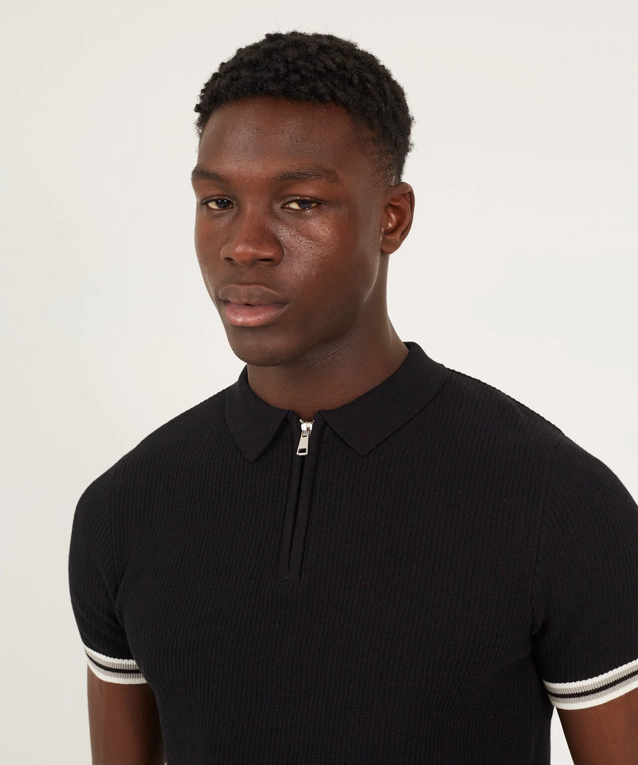 BLACK KNITTED POLO NECK WITH STRIPED TIPPING