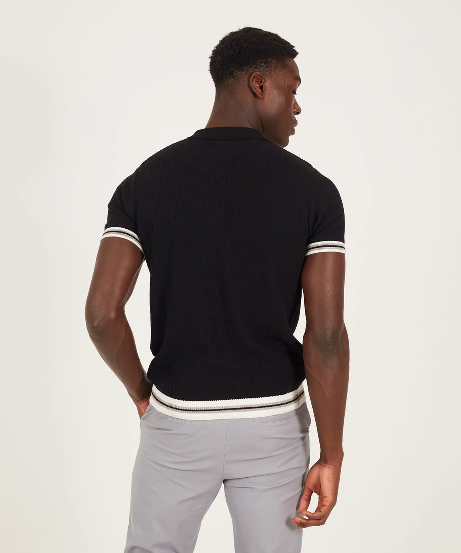 BLACK KNITTED POLO NECK WITH STRIPED TIPPING