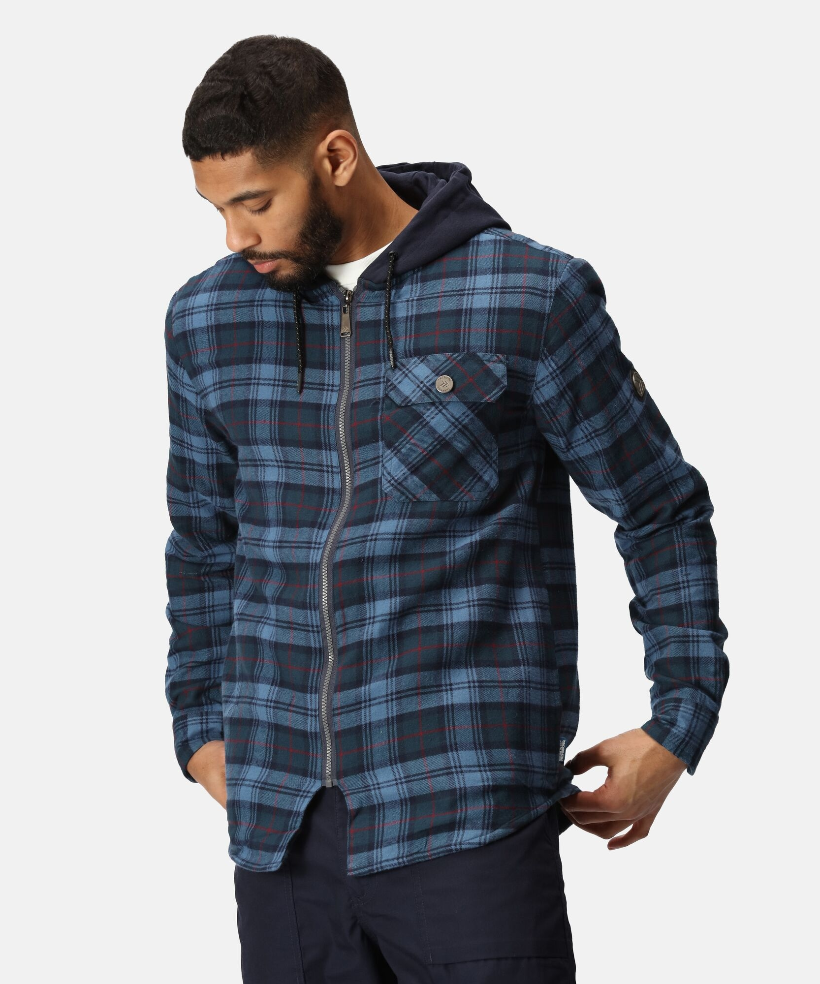TRS205 Men’s Siege Hooded Shirt Jacket – Navy Check Cotton