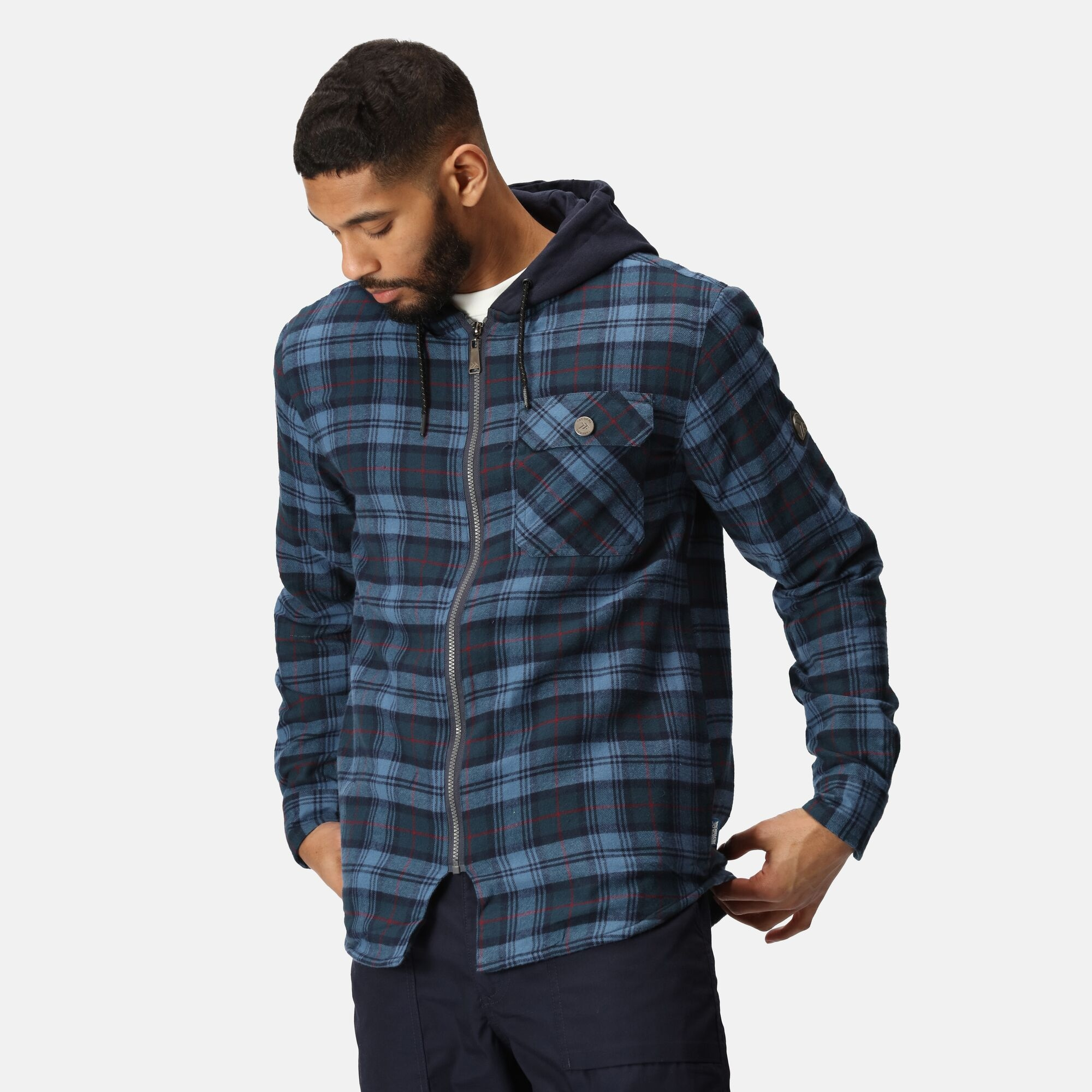 TRS205 Men’s Siege Hooded Shirt Jacket – Navy Check Cotton