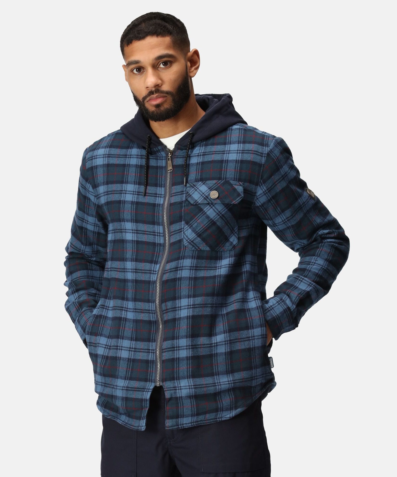 TRS205 Men’s Siege Hooded Shirt Jacket – Navy Check Cotton