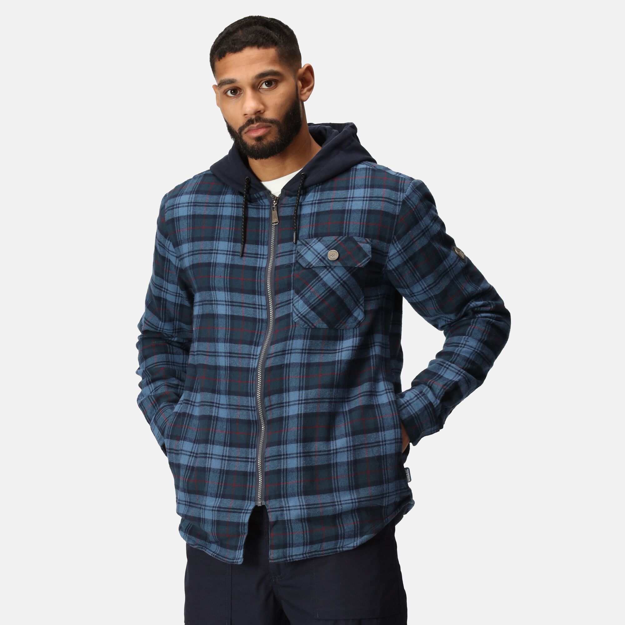 TRS205 Men’s Siege Hooded Shirt Jacket – Navy Check Cotton