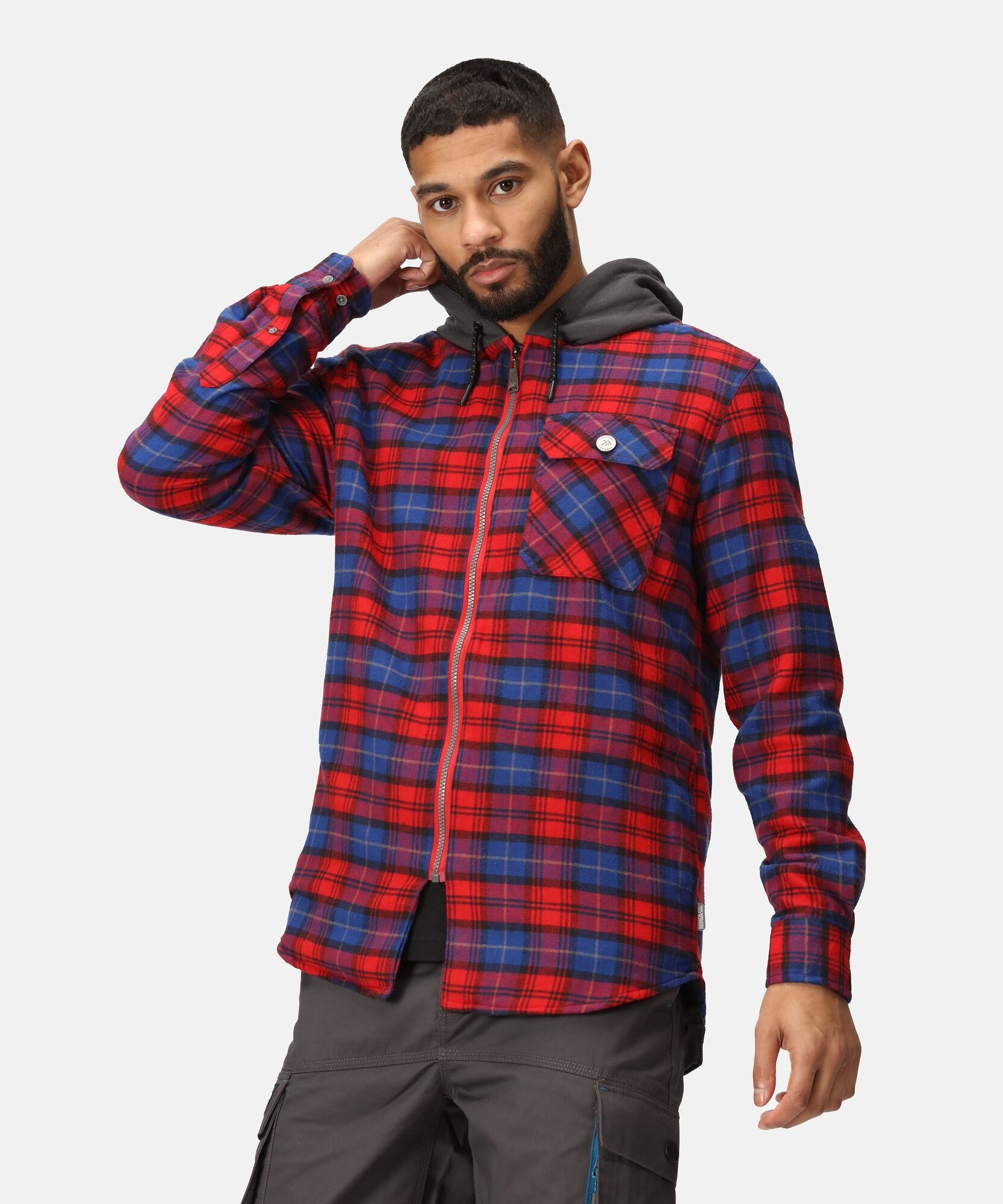 TRS205 Men’s Siege Hooded Shirt Jacket – Navy Check Cotton