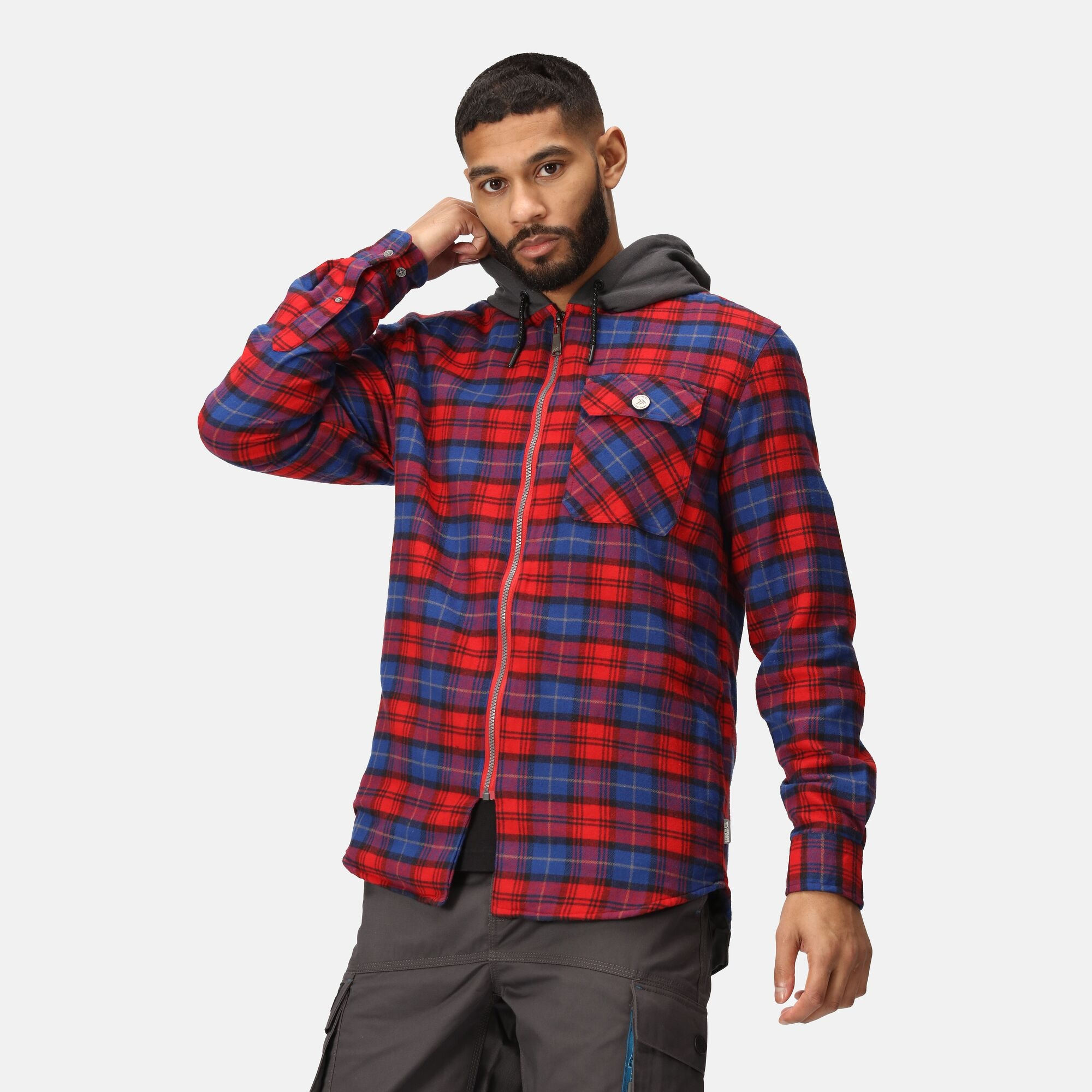 TRS205 Men’s Siege Hooded Shirt Jacket – Navy Check Cotton