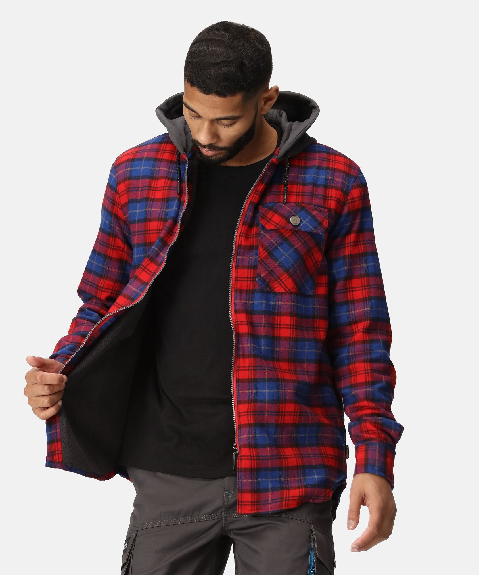 TRS205 Men’s Siege Hooded Shirt Jacket – Navy Check Cotton